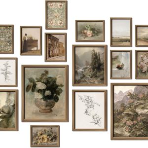 16 PCS Framed Vintage Wall Art Decor, French Country Farmhouse Gallery Wall Frame Set Prints for Bedroom Bathroom, Rustic Landscape Posters for Living Room Aesthetic, Cottagecore Dorm Home Collage Kit