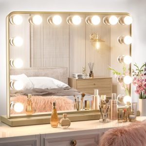 Keonjinn Gold Vanity Mirror with Lights, 15 Replaceable Bulbs Hollywood Makeup Mirror with 2 Replacement Bulbs, 3 Color Lights, Aluminum Metal Frame, USB Charging Port, 23" x 18" Large Lighted Mirror