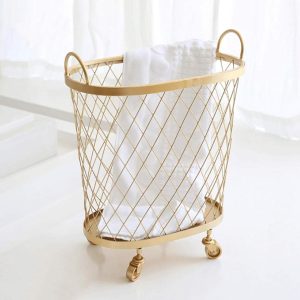 Mesh Rolling Laundry Basket with Wheels Metal Sturdy Aesthetic Gold Bathroom Bedroom Modern Kitchen Storage Basket