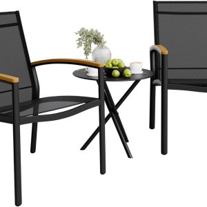 Shintenchi 3 Pieces Patio Bistro Sets, Outdoor Textilene Fabric Conversation Bistro Set, Textilene Fabric Front Porch Chairs Small Patio Furniture Set with Table for Lawn,Garden,Balcony (Black)