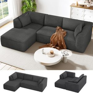 Vesgantti 106" Boneless Couch with Chaise, Deep Seat Comfy Cloud Modular Sofa Corduroy Memory Foam Sectional Couches for Living Room Bedroom, No Assembly Required (Grey, Left-Facing Chaise)