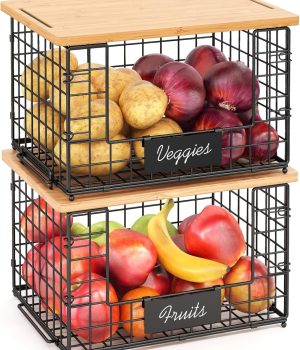 2 Pack Stackable Wire Baskets with Bamboo Top for Pantry Organizers and Storage, XXL Kitchen Organization Counter Basket for Fruit, Vegetable, Produce, Bread, Potato and Onion Storage Bins