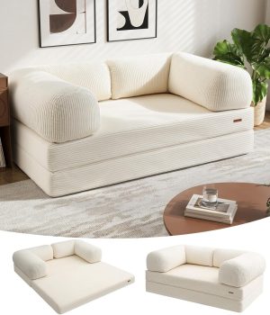 COMAX Folding Sofa Bed Queen, 4-in-1 Foldable Floor Couch Convertible Futon Sofa with Armrests Sleeper Mattress Chair Bed Comfy Portable Fold Out Lounge Guest for Living Room Bedroom, Beige