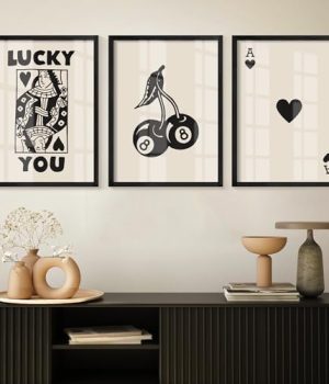 Heiple Framed Set of 3 Poker Wall Art Lucky You Poster, Trendy Retro Print Wall Decor for Queen of Hearts Wall Art Rustic Vintage Farmhouse Home Wall Decor（Black 12″x16″）