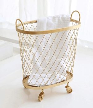 Mesh Rolling Laundry Basket with Wheels Metal Sturdy Aesthetic Gold Bathroom Bedroom Modern Kitchen Storage Basket
