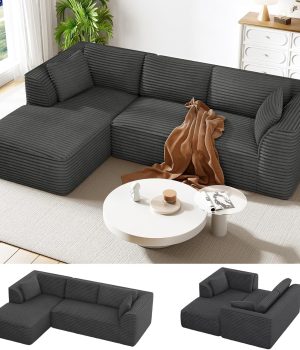 Vesgantti 106″ Boneless Couch with Chaise, Deep Seat Comfy Cloud Modular Sofa Corduroy Memory Foam Sectional Couches for Living Room Bedroom, No Assembly Required (Grey, Left-Facing Chaise)